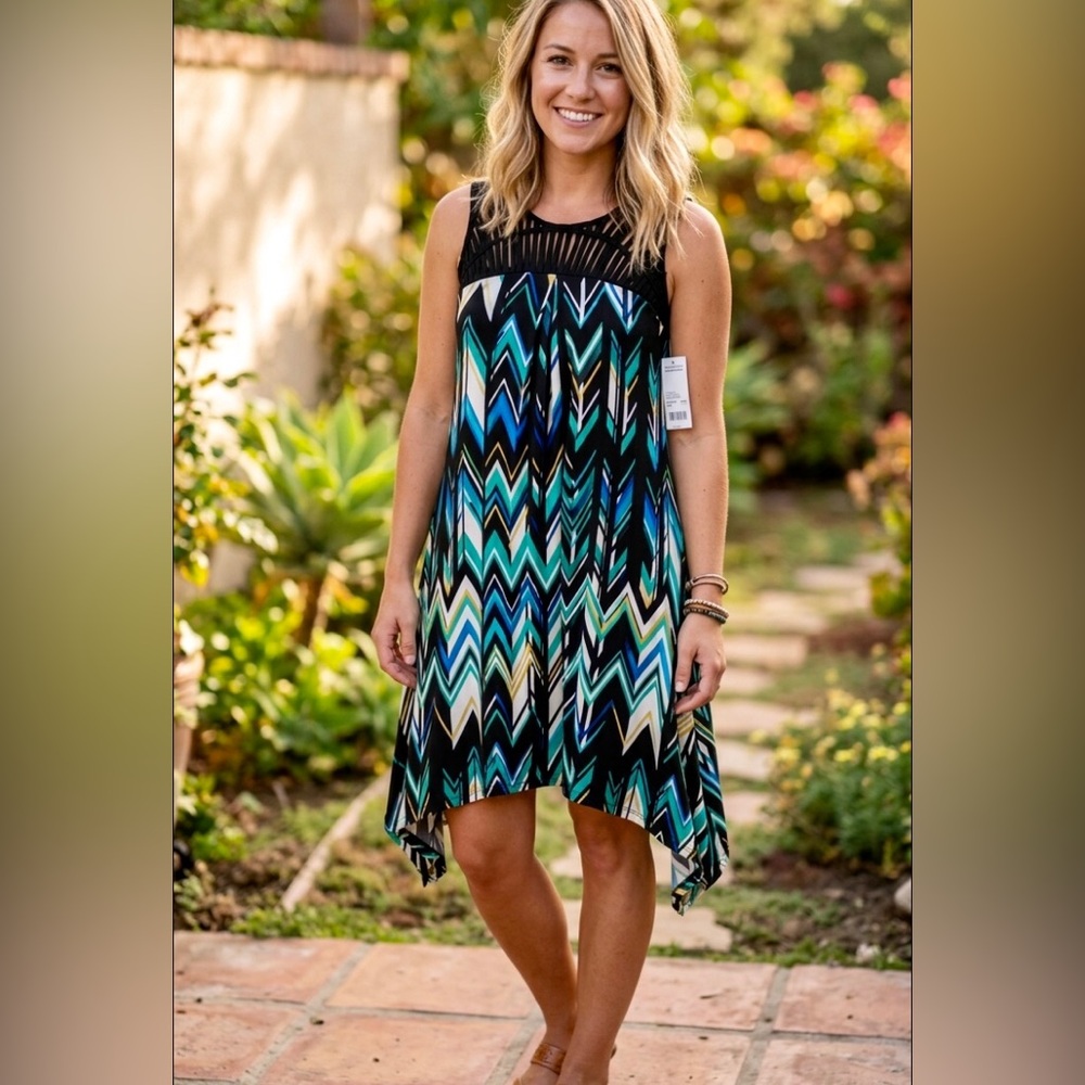 NWT NY Collection Wom Sleeveless Asymmetrical Chevron Dress Black Teal & Blue L